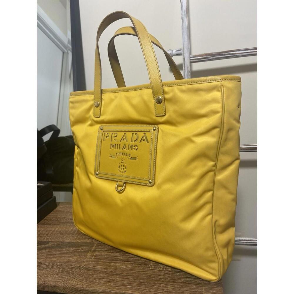 SOLD Prada Tessuto yellow gold nylon leather hand tote bag v good